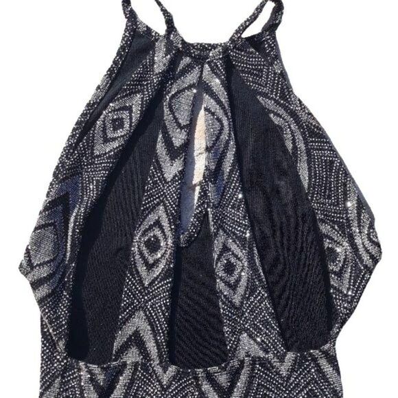 Iris Dress Choker Bodycon Peekaboo Deep V Cutout Back Metallic Geo Black Sz M - Picture 7 of 8